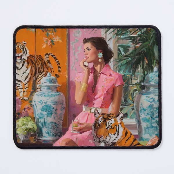Item preview, A woman and tiger in chinoiserie room,Grandmillennial art designed and sold by SophieClimaArt.