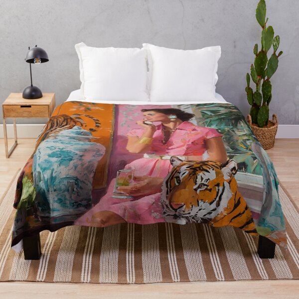 Item preview, A woman and tiger in chinoiserie room,Grandmillennial art designed and sold by SophieClimaArt.