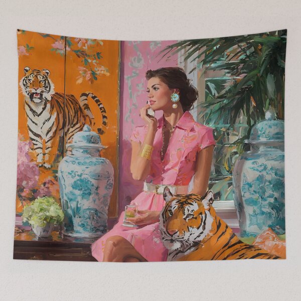 Item preview, A woman and tiger in chinoiserie room,Grandmillennial art designed and sold by SophieClimaArt.