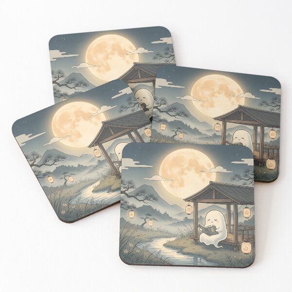 Item preview, Cute Ghost Reading Under Moon Vintage Night Landscape designed and sold by MCV-Designs.