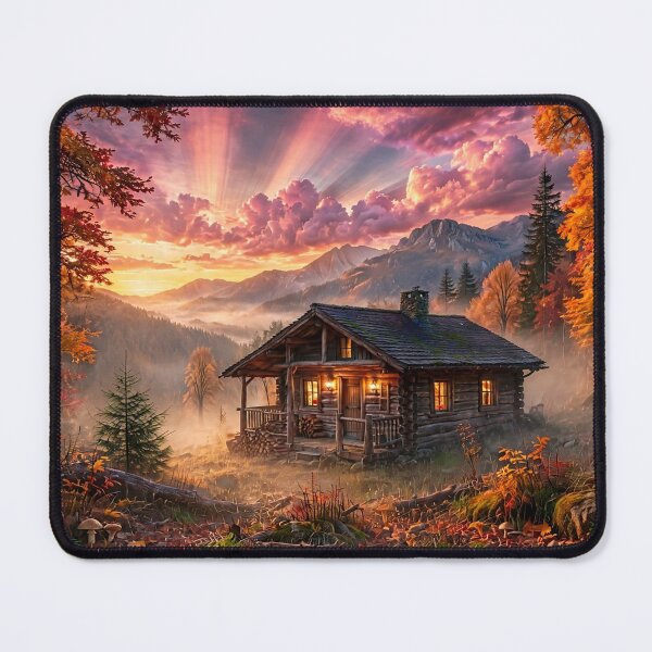 Item preview, Cozy Mountain Cabin at Autumn Sunset designed and sold by Lifeguy's Art-Pics.