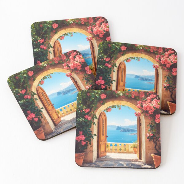 Item preview, Mediterranean Archway Doorway Sea View Bougainvillea Landscape designed and sold by @SHINTOSARTSTORE.