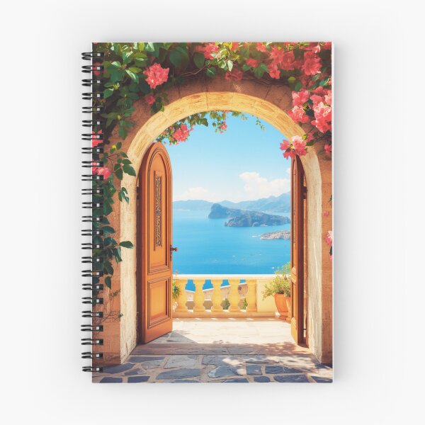 Item preview, Mediterranean Archway Doorway Sea View Bougainvillea Landscape designed and sold by @SHINTOSARTSTORE.