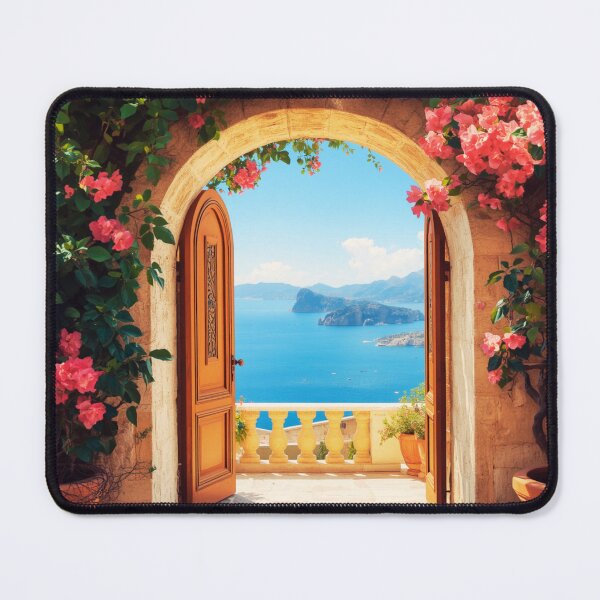 Item preview, Mediterranean Archway Doorway Sea View Bougainvillea Landscape designed and sold by @SHINTOSARTSTORE.