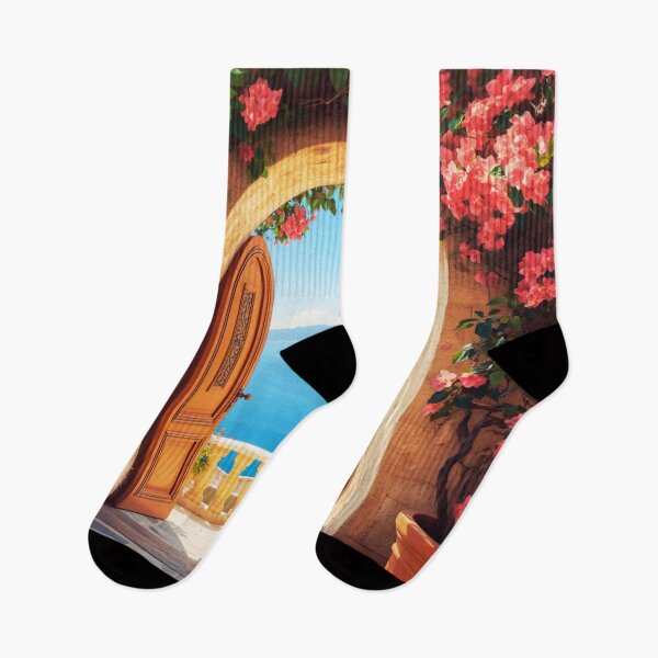 Item preview, Mediterranean Archway Doorway Sea View Bougainvillea Landscape designed and sold by @SHINTOSARTSTORE.