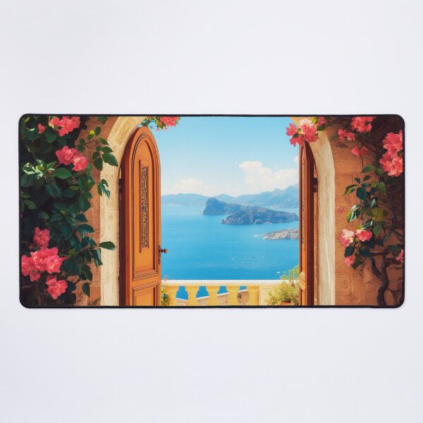 Item preview, Mediterranean Archway Doorway Sea View Bougainvillea Landscape designed and sold by @SHINTOSARTSTORE.