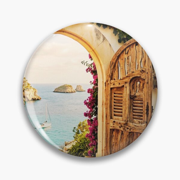 Item preview, Rustic Mediterranean Courtyard Sea Bay View Wooden Door designed and sold by @SHINTOSARTSTORE.