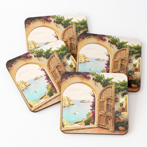 Item preview, Rustic Mediterranean Courtyard Sea Bay View Wooden Door designed and sold by @SHINTOSARTSTORE.
