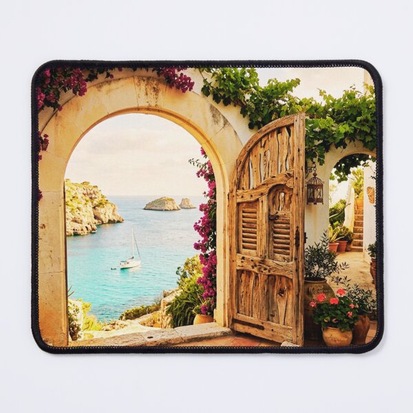 Item preview, Rustic Mediterranean Courtyard Sea Bay View Wooden Door designed and sold by @SHINTOSARTSTORE.