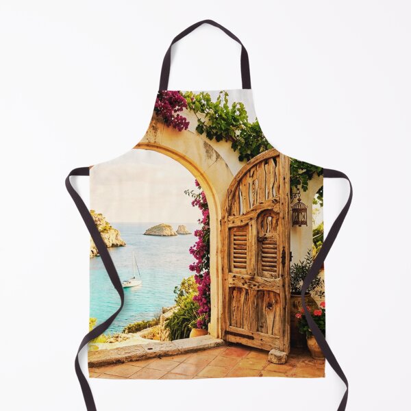 Item preview, Rustic Mediterranean Courtyard Sea Bay View Wooden Door designed and sold by @SHINTOSARTSTORE.