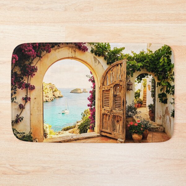 Item preview, Rustic Mediterranean Courtyard Sea Bay View Wooden Door designed and sold by @SHINTOSARTSTORE.