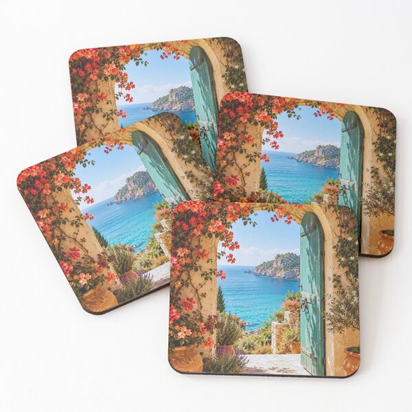 Item preview, Turquoise Door Mediterranean Archway Coastal Cove View designed and sold by @SHINTOSARTSTORE.