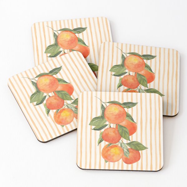 Item preview, ​Watercolor Tangerine Branch on Striped Background Botanical Art designed and sold by HBBS DESIGNS.