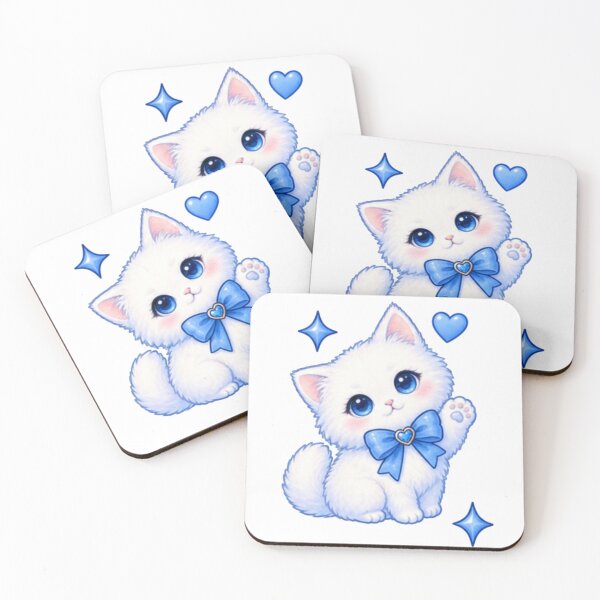 Item preview, Cute Fluffy White Kitten with Blue Bow designed and sold by Kiralemon.