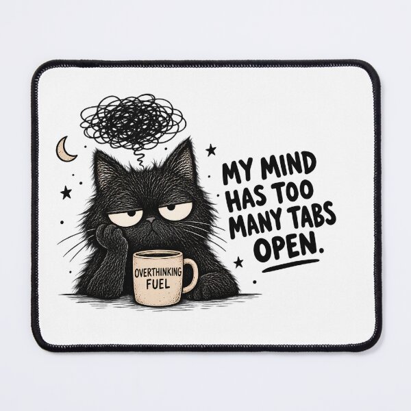 Item preview, My Mind Has Too Many Tabs Open Funny Black Cat Overthinking T-Shirt designed and sold by Fuzzaroo.