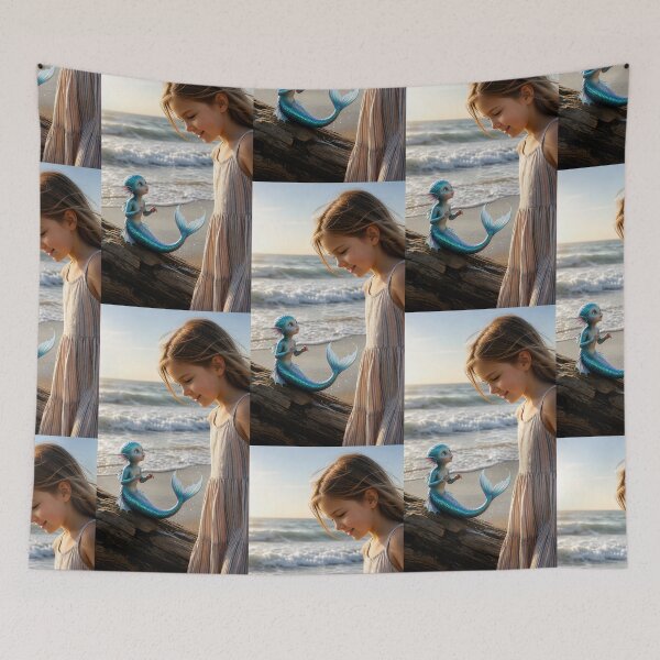 Item preview, Magical Mermaid & Girl by the Sea – Cute Fantasy Ocean Friendship Art designed and sold by Bhaskar Digital Art.
