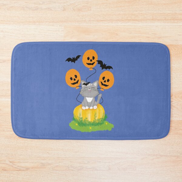Item preview, Cute Halloween Cat Sitting on a Pumpkin with Balloons and Bats designed and sold by studiodrchicken.