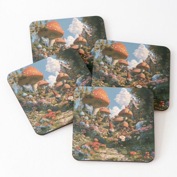 Item preview, A cheerful Garden Gnome tending magical flowers in a whimsical woodland village filled with giant mushrooms, Fantasy & Mythological Creatures designed and sold by CDC40.