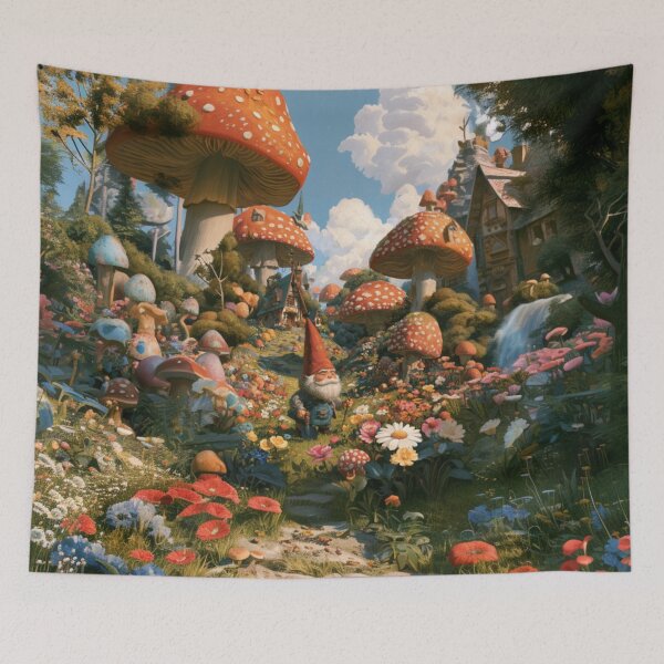 Item preview, A cheerful Garden Gnome tending magical flowers in a whimsical woodland village filled with giant mushrooms, Fantasy & Mythological Creatures designed and sold by CDC40.