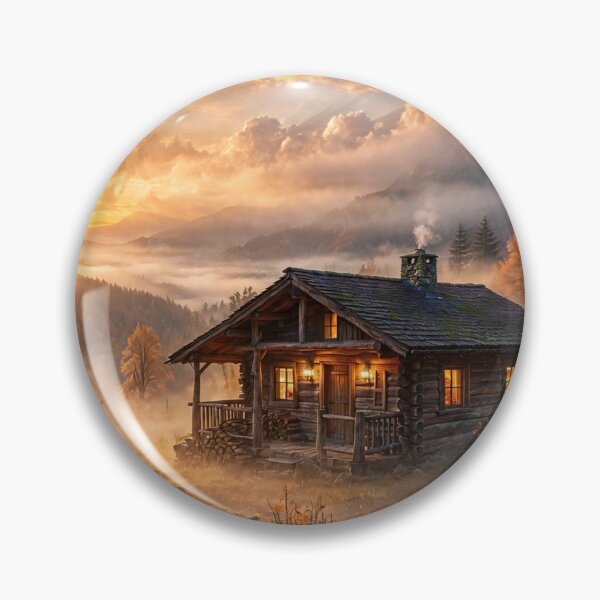 Item preview, Cozy Log Cabin at Golden Autumn Sunset in Misty Mountain Forest designed and sold by Lifeguy's Art-Pics.