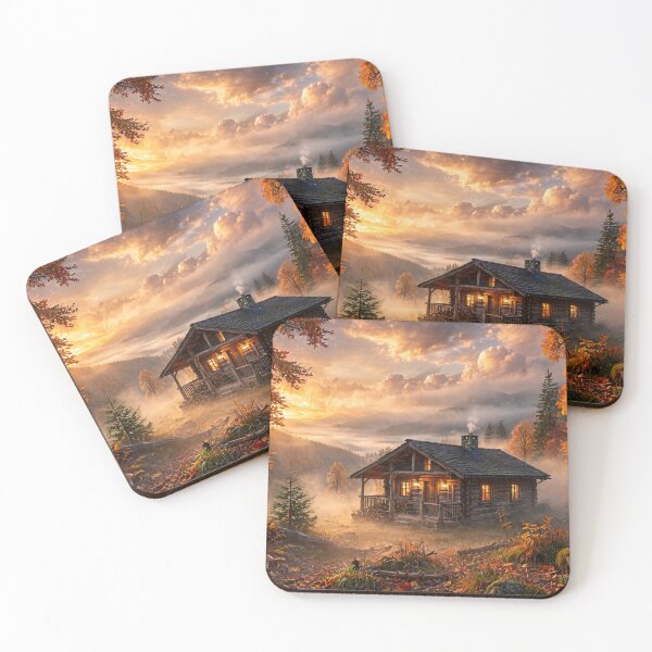 Item preview, Cozy Log Cabin at Golden Autumn Sunset in Misty Mountain Forest designed and sold by Lifeguy's Art-Pics.
