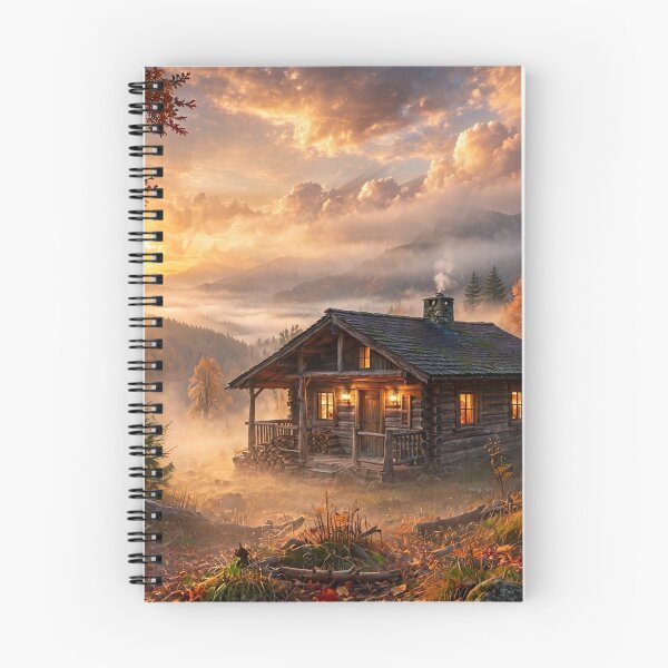 Item preview, Cozy Log Cabin at Golden Autumn Sunset in Misty Mountain Forest designed and sold by Lifeguy's Art-Pics.