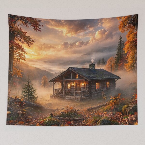 Item preview, Cozy Log Cabin at Golden Autumn Sunset in Misty Mountain Forest designed and sold by Lifeguy's Art-Pics.