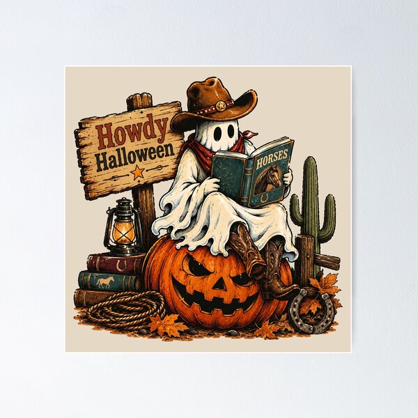 Item preview, Howdy Halloween Western Reading Ghost Bookworm designed and sold by MythicCotton.