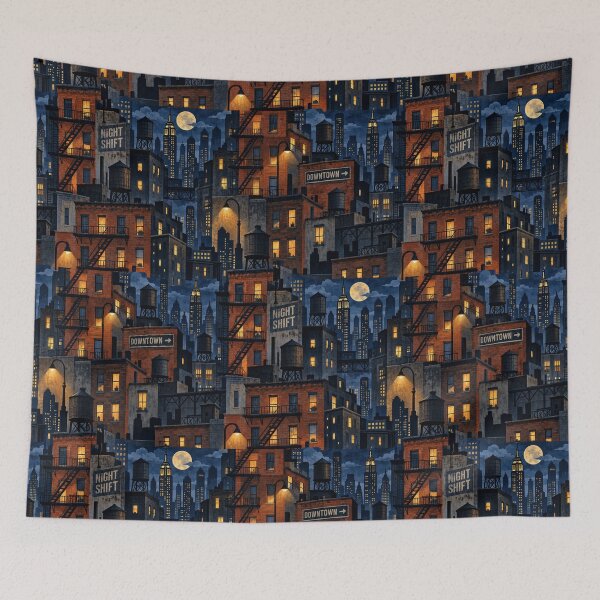 Item preview, Vintage Night City Skyline Brick Building Seamless Pattern designed and sold by SayMaria.
