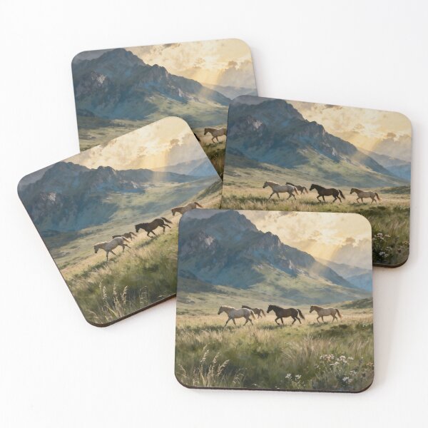 Item preview, Wild Horses in Mountain Meadow Landscape designed and sold by stylishdzign.