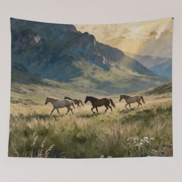 Item preview, Wild Horses in Mountain Meadow Landscape designed and sold by stylishdzign.