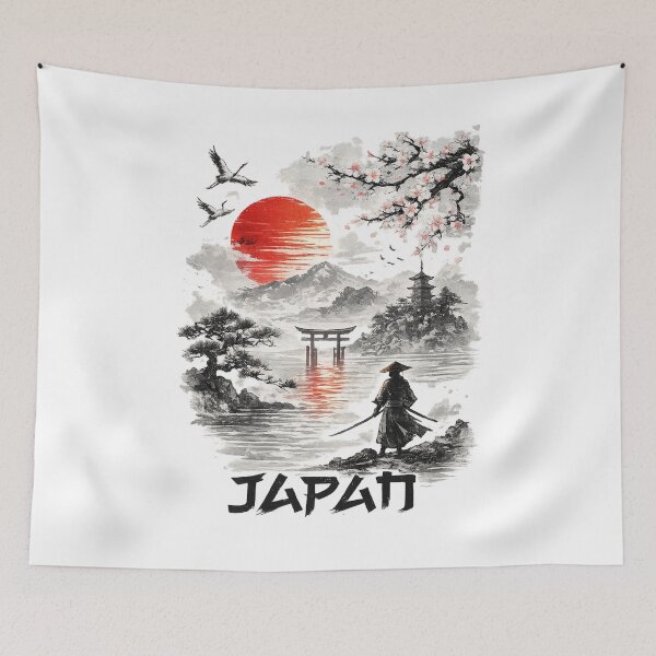Item preview, Japanese Sumi-E Samurai Sunset Landscape Design designed and sold by CreativeNest Prints.