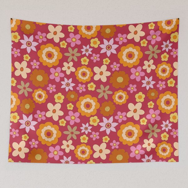 Item preview, Retro 60s 70s Colourful vibrant Floral Blooms all over on magenta pink background designed and sold by PrettywithColor.