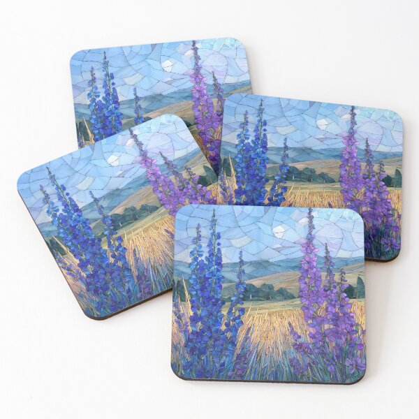 Item preview, Stained Glass Mosaic Blue Delphinium Larkspur Meadow Landscape designed and sold by GrinGalore.