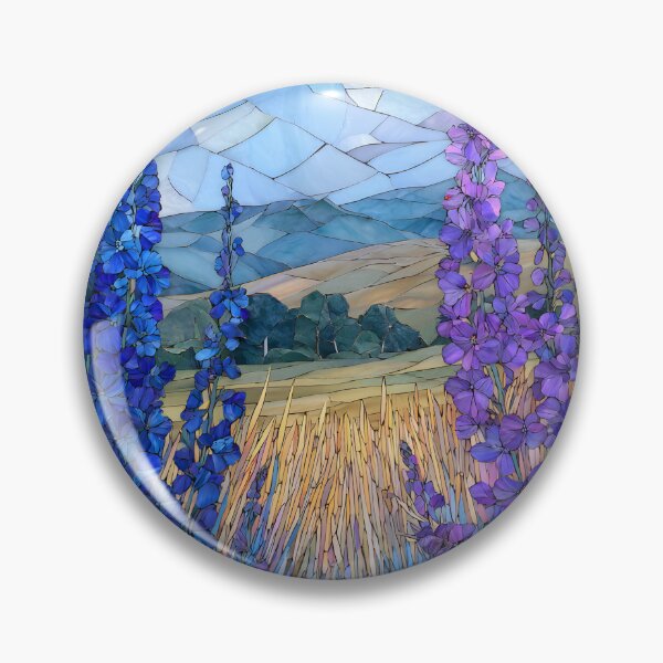 Item preview, Stained Glass Mosaic Blue Delphinium Larkspur Meadow Landscape designed and sold by GrinGalore.