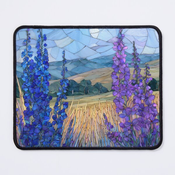 Item preview, Stained Glass Mosaic Blue Delphinium Larkspur Meadow Landscape designed and sold by GrinGalore.