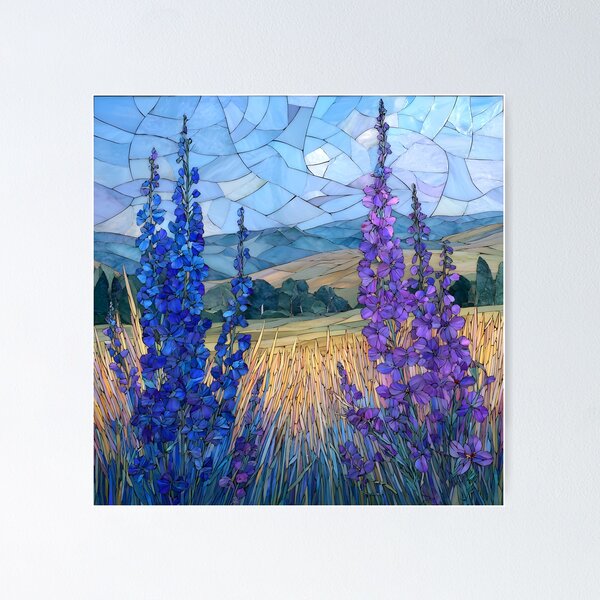 Item preview, Stained Glass Mosaic Blue Delphinium Larkspur Meadow Landscape designed and sold by GrinGalore.