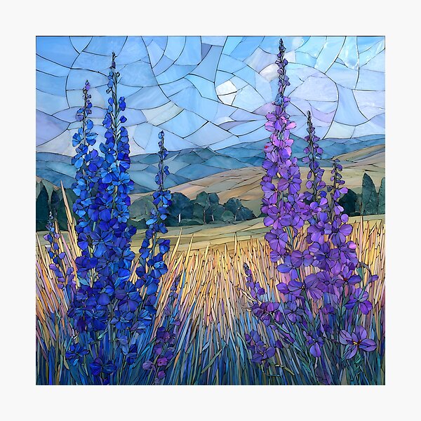 Item preview, Stained Glass Mosaic Blue Delphinium Larkspur Meadow Landscape designed and sold by GrinGalore.