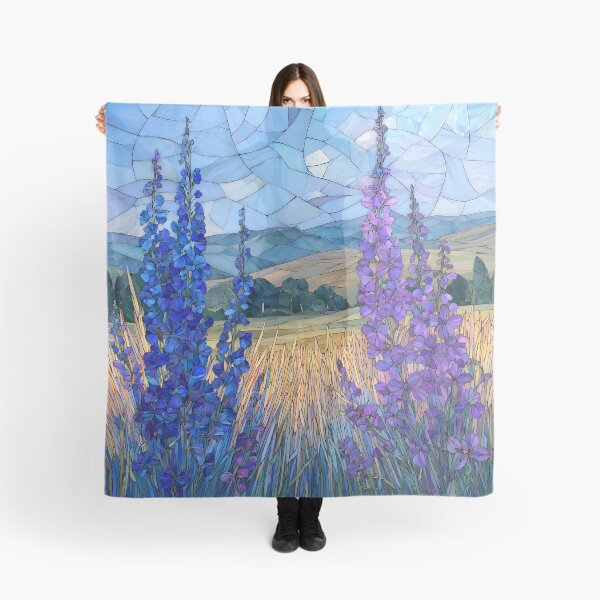 Item preview, Stained Glass Mosaic Blue Delphinium Larkspur Meadow Landscape designed and sold by GrinGalore.