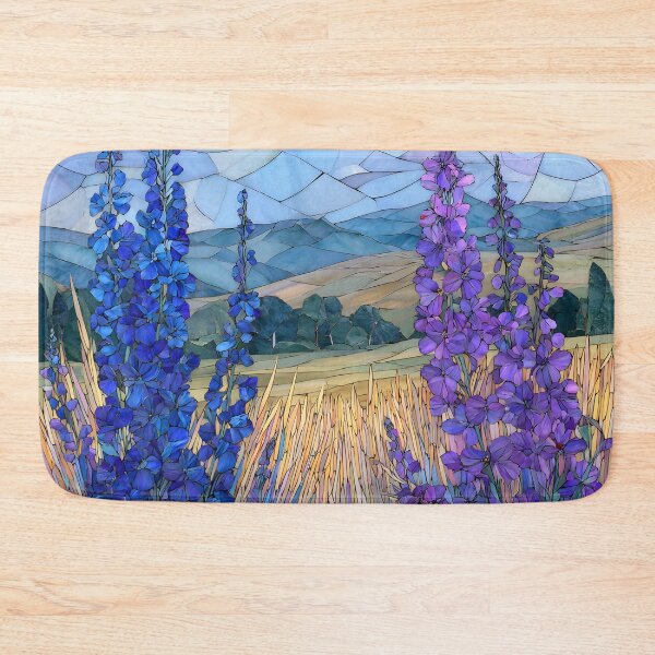 Item preview, Stained Glass Mosaic Blue Delphinium Larkspur Meadow Landscape designed and sold by GrinGalore.