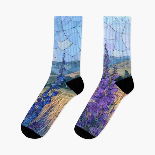 Item preview, Stained Glass Mosaic Blue Delphinium Larkspur Meadow Landscape designed and sold by GrinGalore.