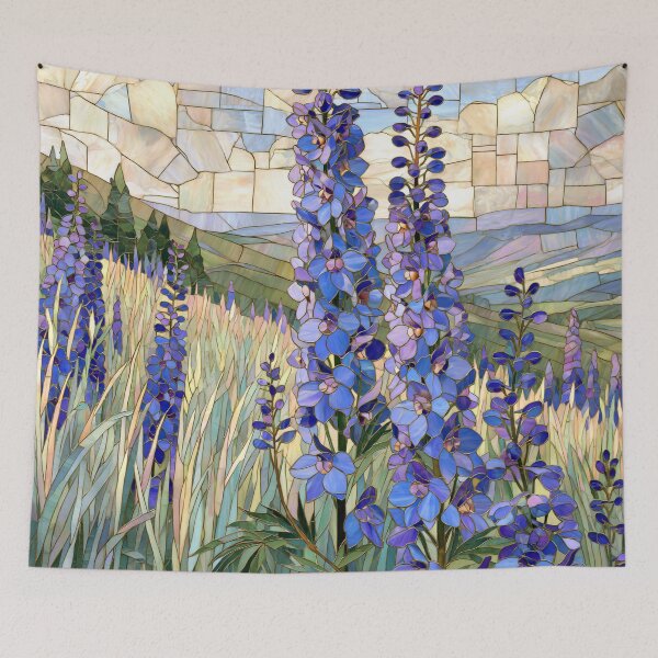 Item preview, Stained Glass Mosaic Blue Lupine Meadow Landscape designed and sold by GrinGalore.