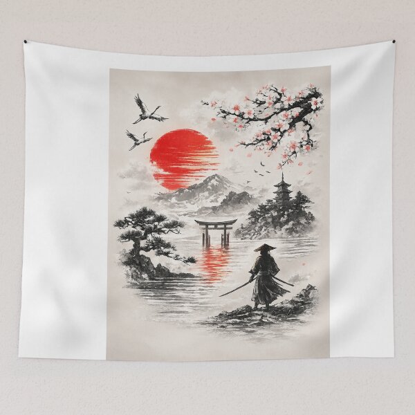 Item preview, Japanese Sumi-E Samurai Sunset Landscape designed and sold by CreativeNest Prints.