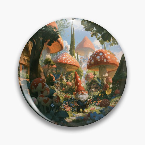 Item preview, A cheerful Garden Gnome tending magical flowers in a whimsical woodland village filled with giant mushrooms, Fantasy & Mythological Creatures designed and sold by CDC40.