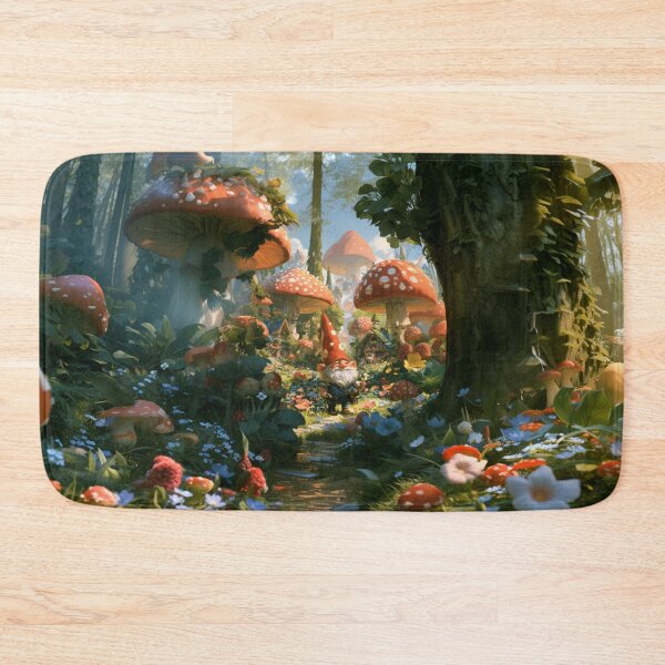 Item preview, A cheerful Garden Gnome tending magical flowers in a whimsical woodland village filled with giant mushrooms, Fantasy & Mythological Creatures designed and sold by CDC40.