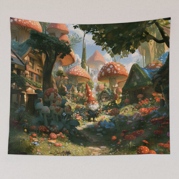 Item preview, A cheerful Garden Gnome tending magical flowers in a whimsical woodland village filled with giant mushrooms, Fantasy & Mythological Creatures designed and sold by CDC40.