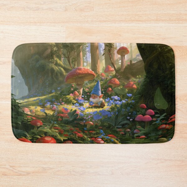 Item preview, A cheerful Garden Gnome tending magical flowers in a whimsical woodland village filled with giant mushrooms, Fantasy & Mythological Creatures designed and sold by CDC40.