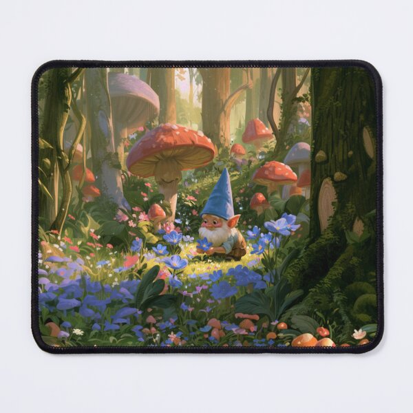 Item preview, A cheerful Garden Gnome tending magical flowers in a whimsical woodland village filled with giant mushrooms, Fantasy & Mythological Creatures designed and sold by CDC40.