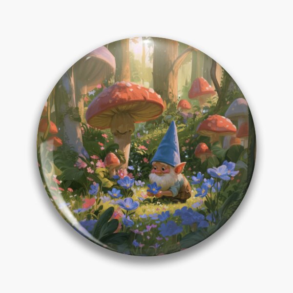 Item preview, A cheerful Garden Gnome tending magical flowers in a whimsical woodland village filled with giant mushrooms, Fantasy & Mythological Creatures designed and sold by CDC40.