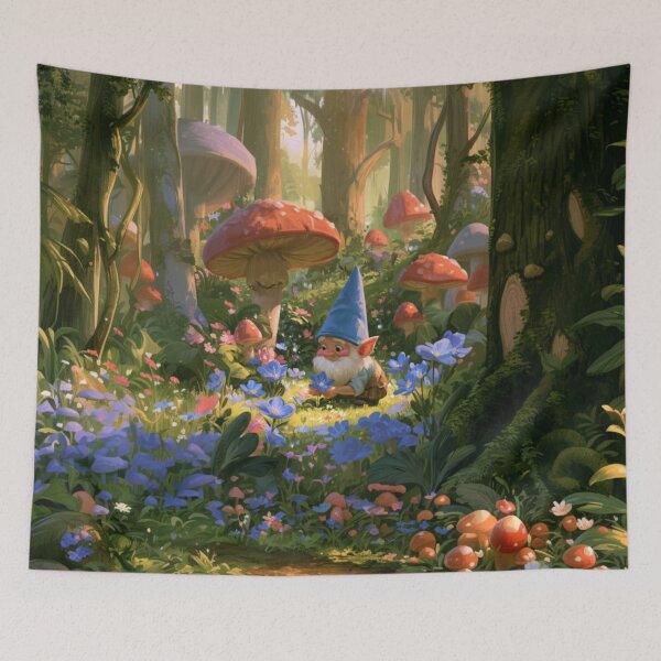Item preview, A cheerful Garden Gnome tending magical flowers in a whimsical woodland village filled with giant mushrooms, Fantasy & Mythological Creatures designed and sold by CDC40.